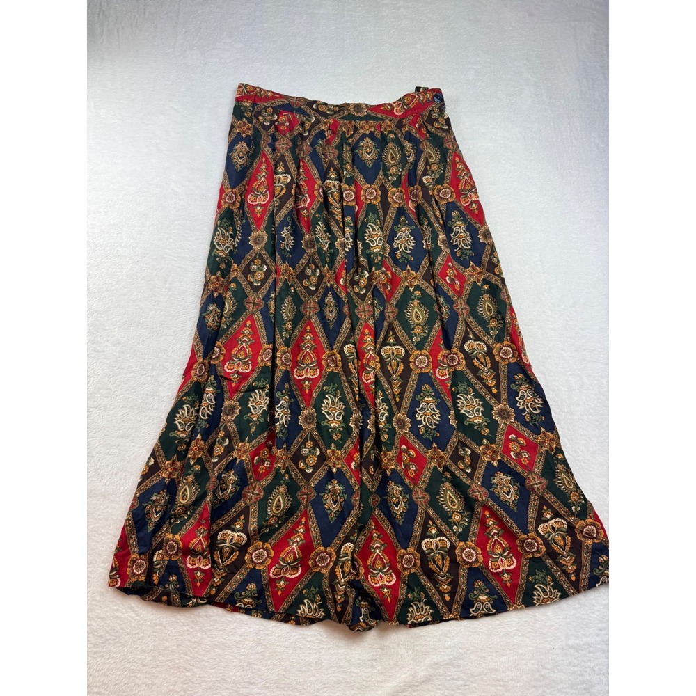 Worthington Vintage Paisley Diamond Maxi Skirt Red Green Boho Rayon Size 10 USA